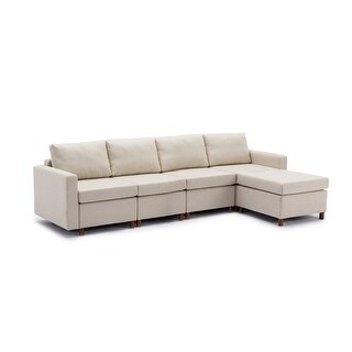 4 Seat Module Sofa Set L-shape Linen Fabric Couch w/ Ottoman, Cream ...