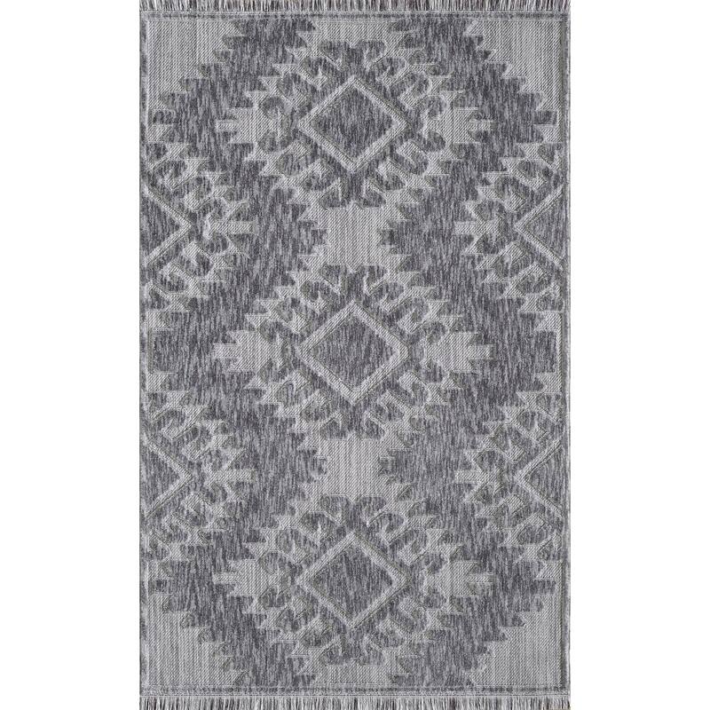 Milos Collection Grey and White Boho Diamond Space-dyed Polyester Rug - 5 x 7'6 - Gray