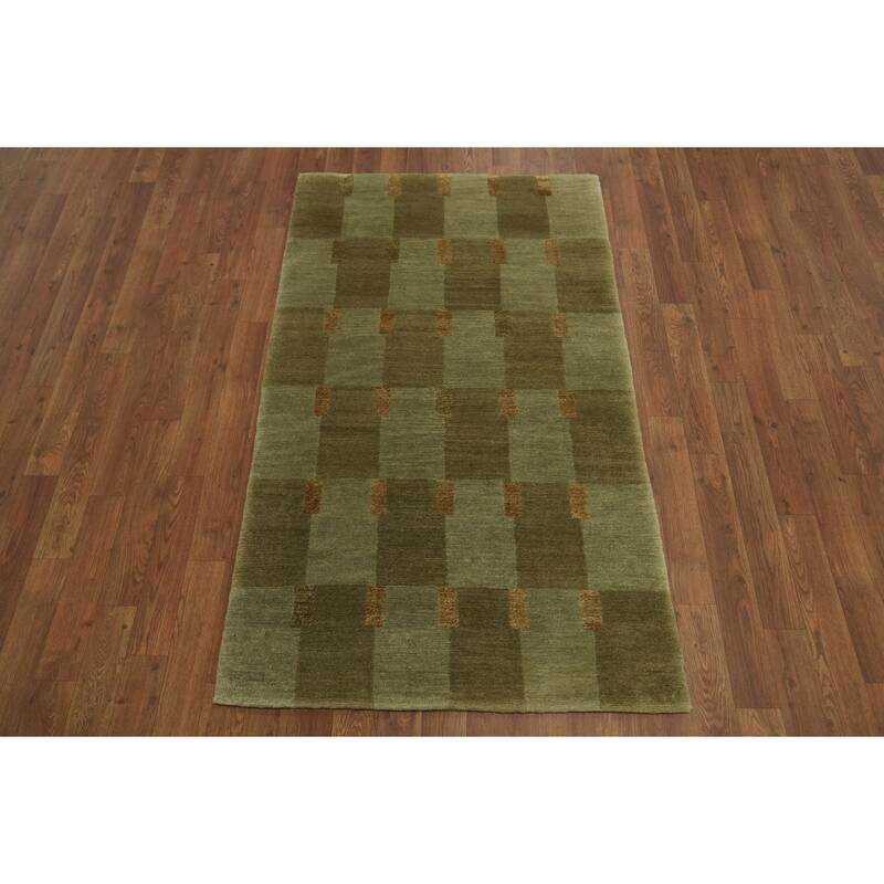 Hand Knotted Oriental 100% Wool Carpet Modern Abstract Green Nepalese Area Rug - 5' 0'' X 3' 0''