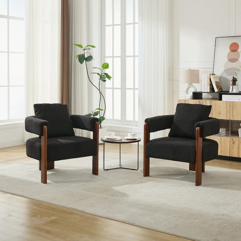 SEYNAR Modern Teddy Upholstered Fabric Round Armchair with pillow Set of 2 - Black