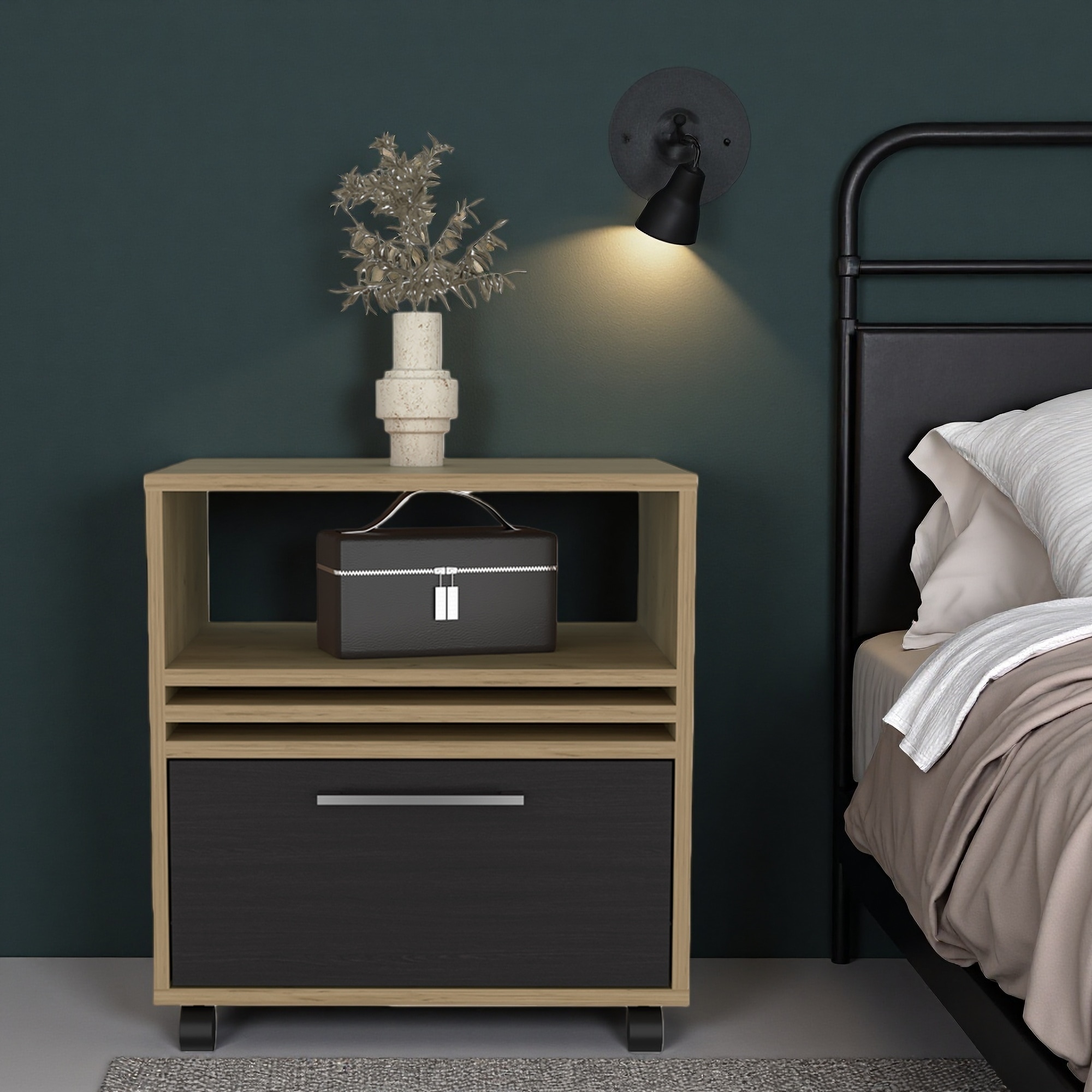 18.9"L Wood Nightstand, Caster Wheels, Minimalist Bedside