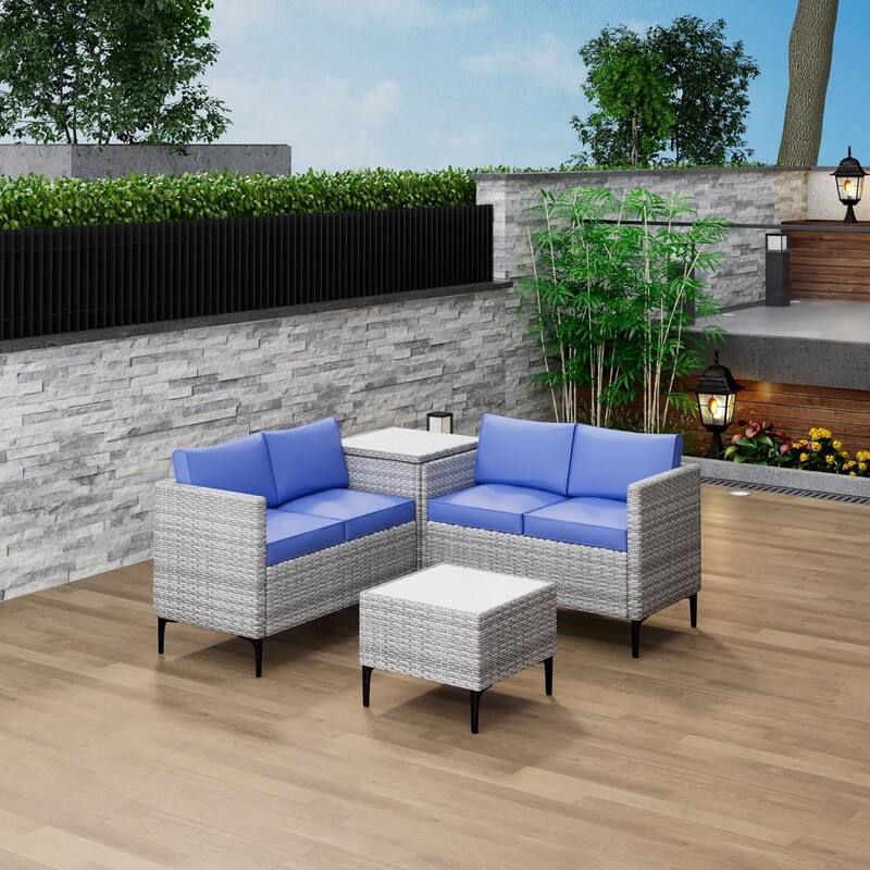 4-Piece Patio Sectional Sofa Set with Coffee Table and Storage Box - Gray & Blue