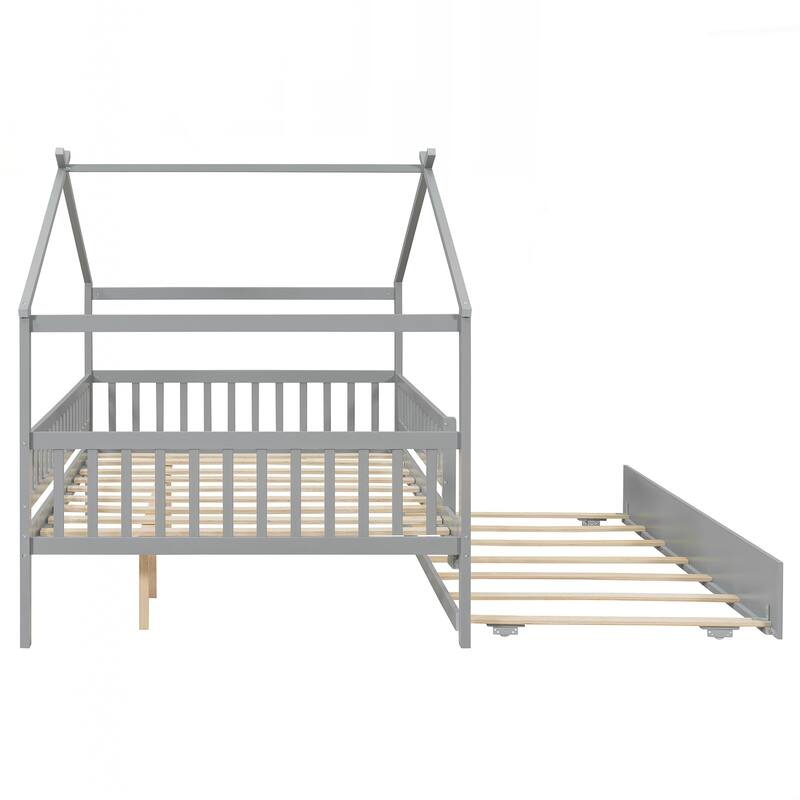 Full Size Wooden House Bed with Twin Size Trundle
