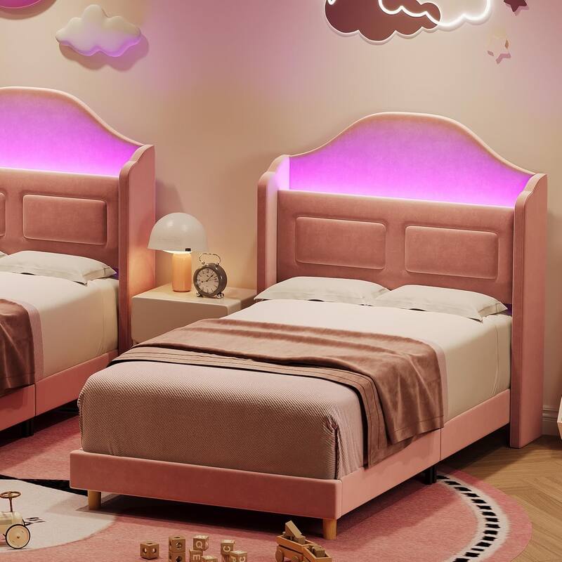 Upholstered Twin Bed Frame with Led Lights