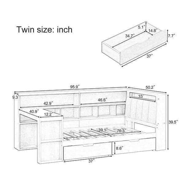 dimension image slide 1 of 2, Wood Daybed L-shaped Bookcase Bed with Under-Bed Drawers and Side Bookshelf, Platform Daybed with Desk and Padded Headboard