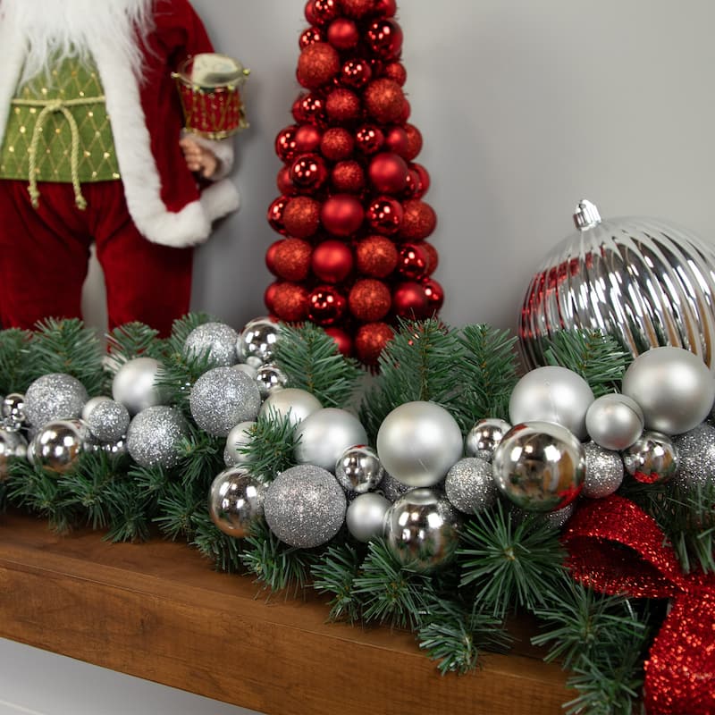 3-Finish Shatterproof Ball Christmas Garland - 6' x 3.5" - Silver - Unlit