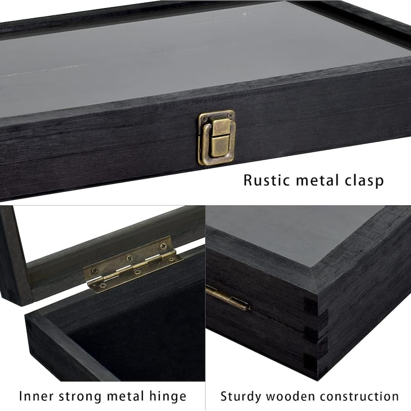 Natural Wood Glass Top Jewelry Display Case Accessories Storage Box with Metal Clasp & Removable 12 Compartments - S