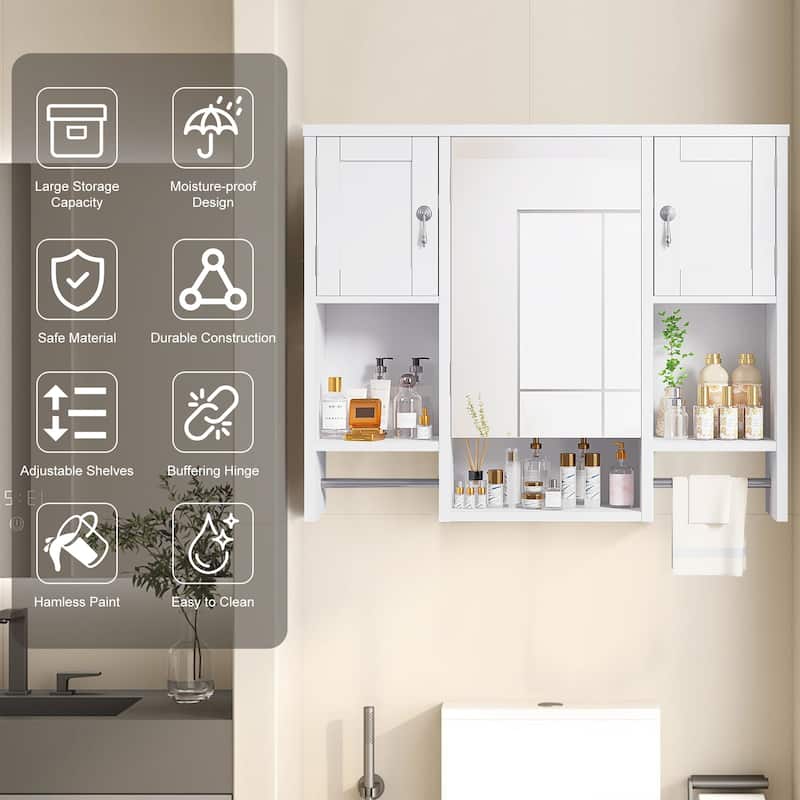 VECELO Bathroom Medicine Mirror Cabinet Wall Mounted Bathroom Storage Adjustable Shelf with 2 Towel Bars & Silver Hardware