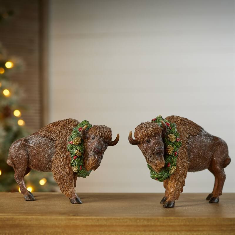 Set of 4 Brown Polyresin Bison Figurines with Pinecone and Holly Wreaths Holiday Shelf and Mantel Decorations