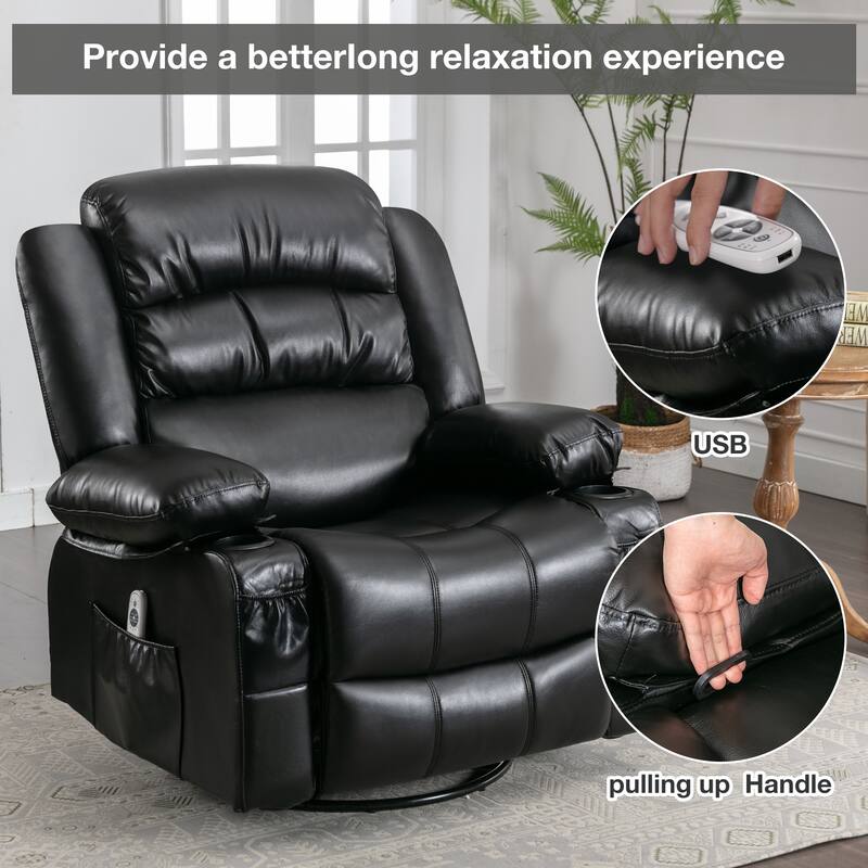 Black Swivel Rocker Recliner with Massage, Heat, USB, and Cup Holders