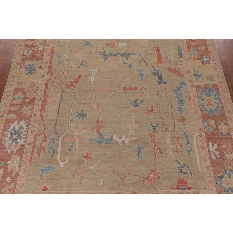Hand Knotted Oriental 100% Wool Carpet Transitional All-Over Beige & Ivories Oushak Area Rug - 12' 2'' X 9' 4''