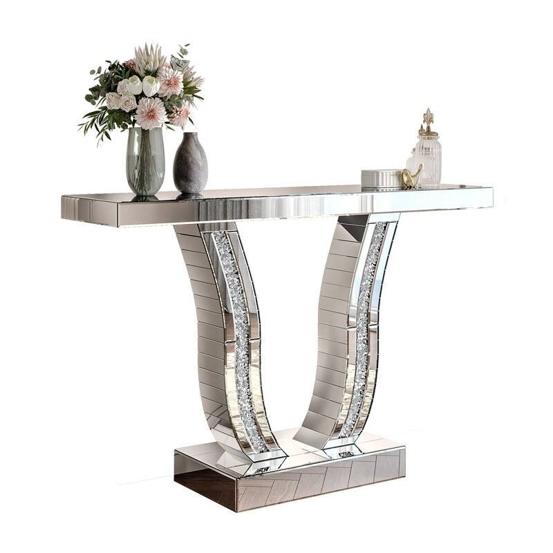 Mirrored 43" Silver Console Table, Entryway Sofa Table With Curved Legs