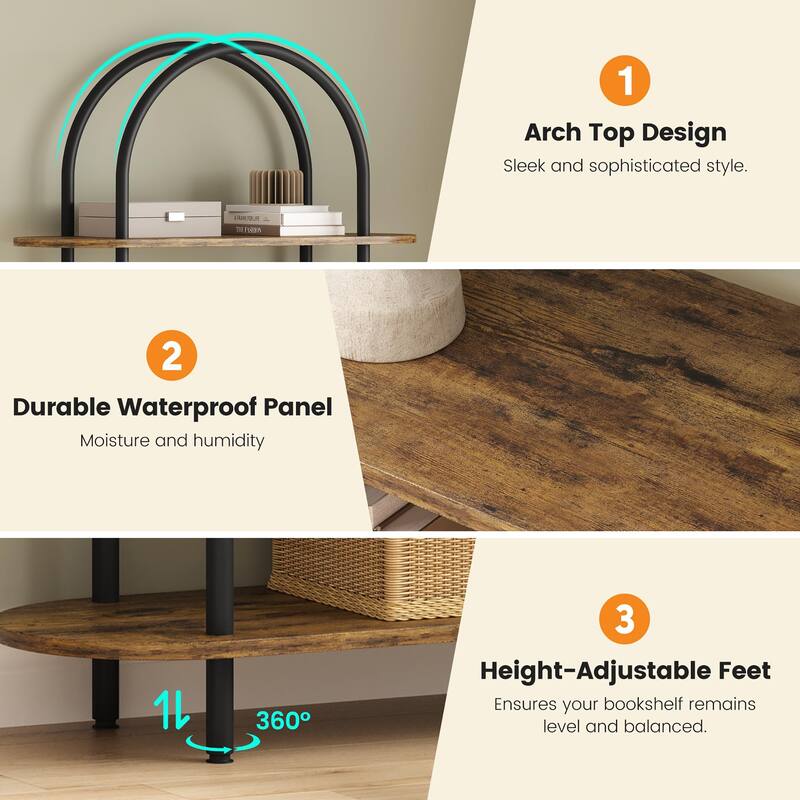 71" Bookshelf 5 Tier Bookcase Arched Display Racks Tall Bookshelf Freestanding Open Storage Shelf
