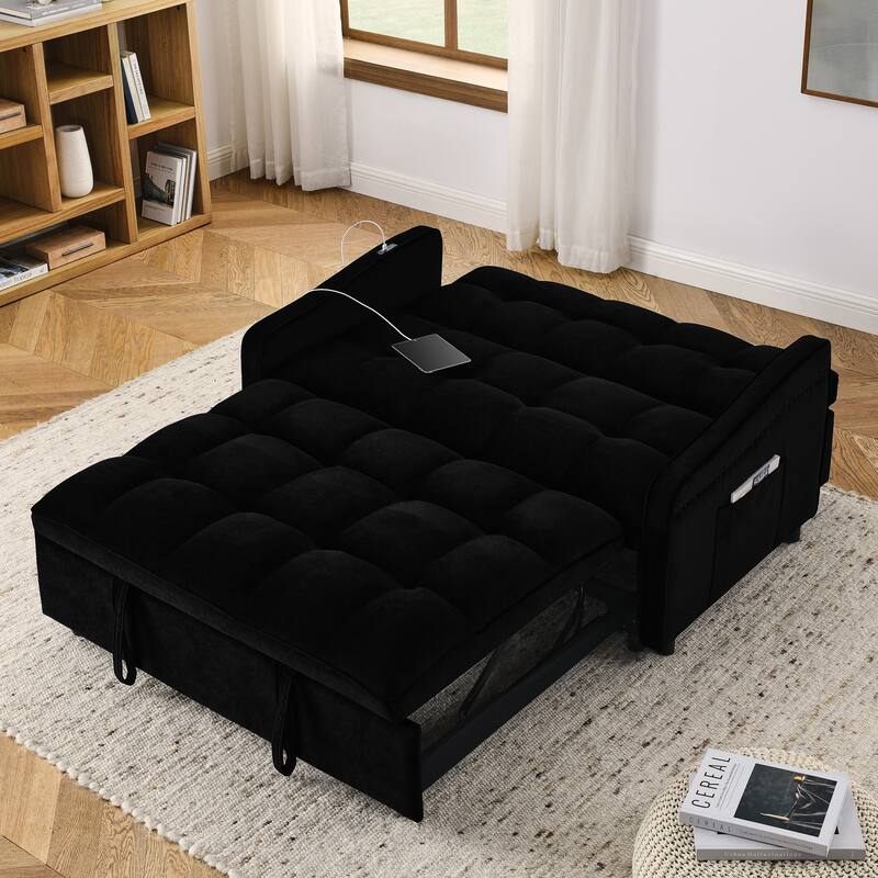 Roomfitters Velvet Loveseat Sofa Bed with Pull-Out Bed, Adjustable Back, USB & Type-C Charging, Arm Pockets