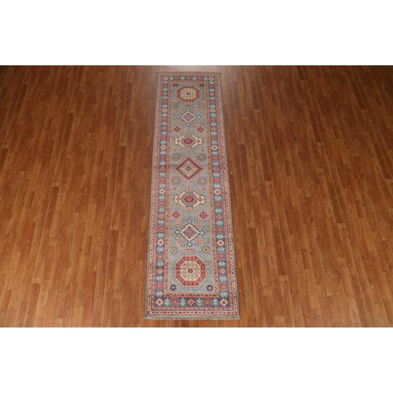 Traditional Geometric Kazak Oriental Grey Wool Runner Rug Hand-knotted - 2'8" x 9'9"