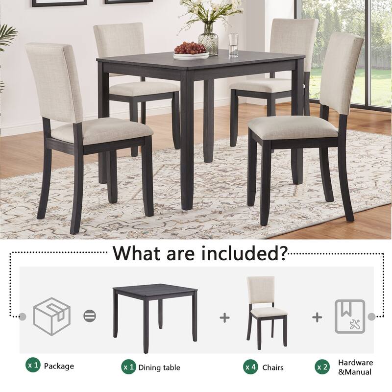 5-Piece Wooden Dining Set with Square Table and 4 Upholstered Chairs, Kitchen Table Set with Scratch-Resistant Tabletop