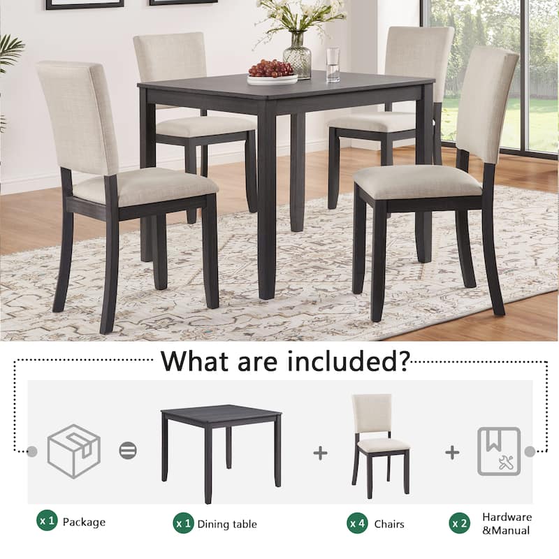 Modern 4 Person Dining Table Set with 4 Upholstered Chairs, 5 Piece Wooden Dining Table Set for Living Room and Dining Room