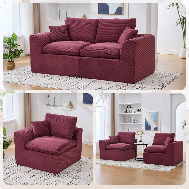 HOMEFUN Corduroy Upholstered Modular 2 Seater Cushion Covers Removable Loveseats Sofa for Living Room Bedroom - Wine Red