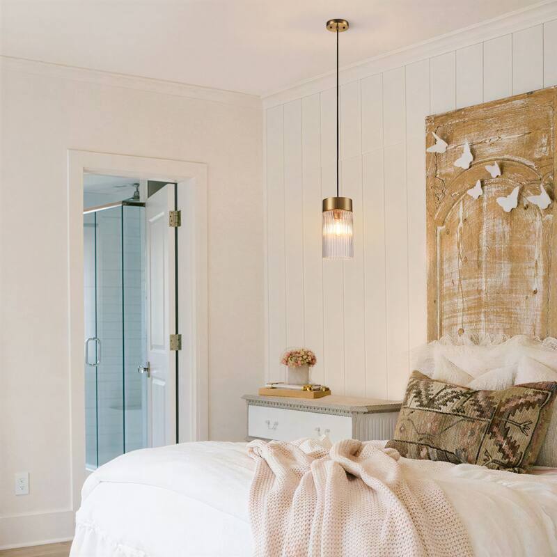 Industrial 1-Light Ribbed Glass Cylinder Pendant Light for Kitchen Island Dining Room - Gold