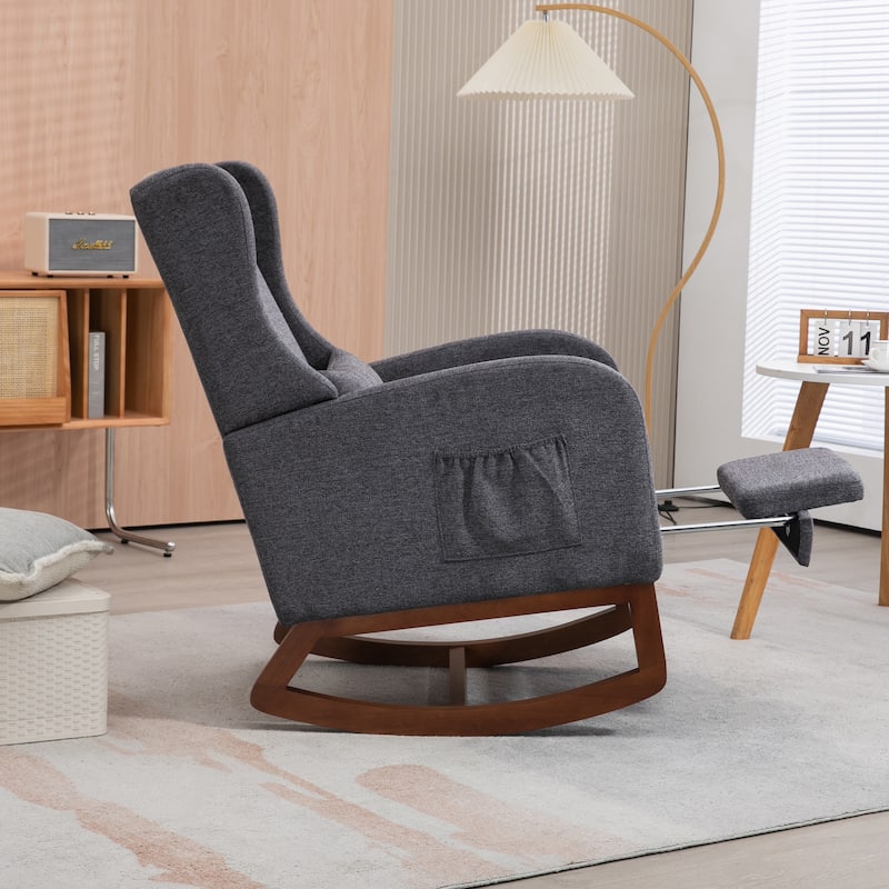 High back Upholstered Accent Rocking Chair Nursery Chair With Retractable Footrest
