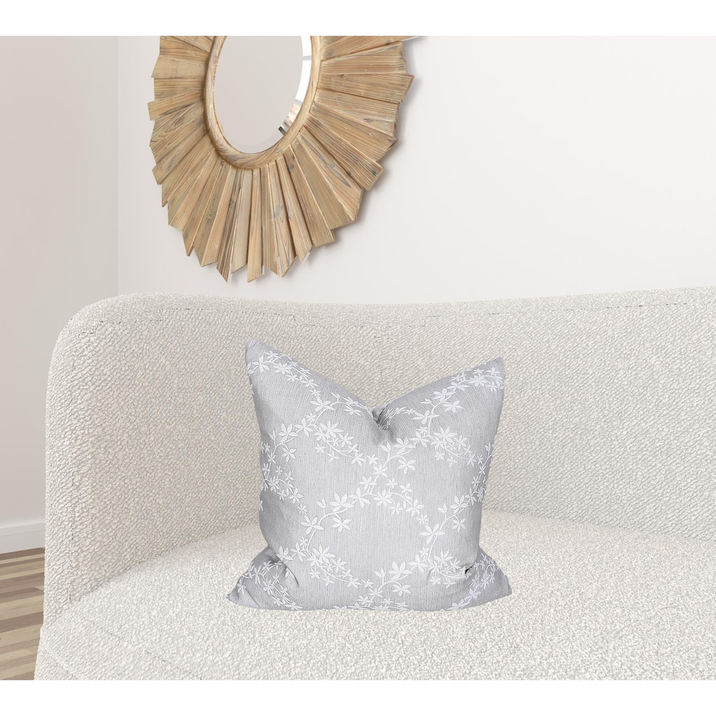 HomeRoots 20" X 20" Gray and White Floral Polyester Zippered Pillow