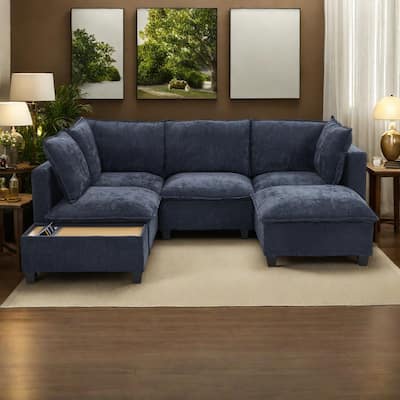 90" Chenille U-Shaped Sectional Sofa with Movable Ottoman, Coffee Table with Hidden Charging Devices, and Free Configurations