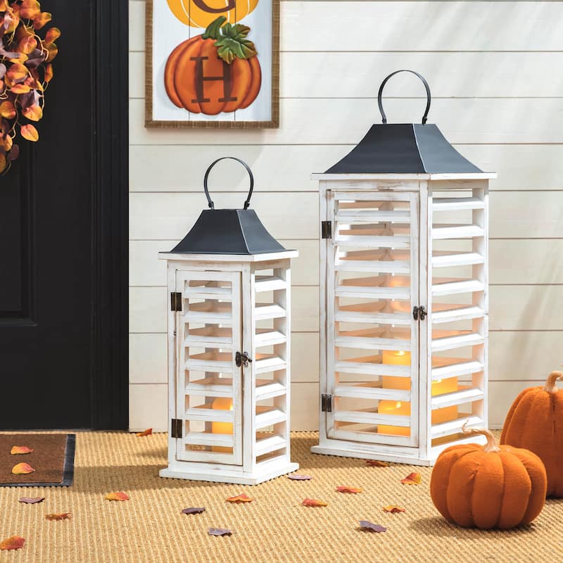 Glitzhome Set of 2 Modern Wooden Shutter Floor Candle Lanterns Fall Thanksgiving Decor