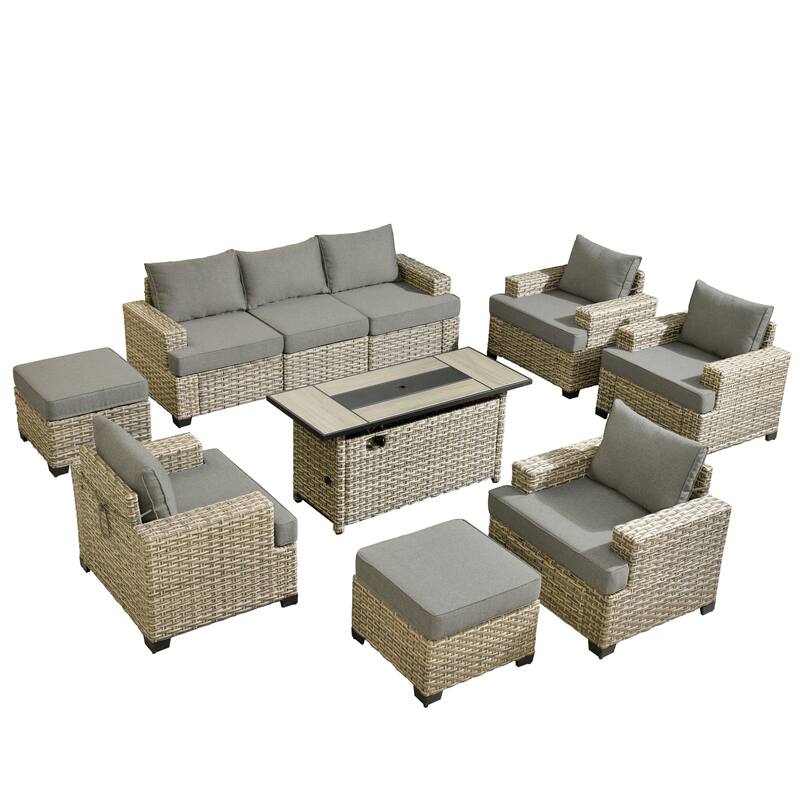 XIZZI 10-piece Patio Wicker Furniture Conversation Set with Fire Pit Table