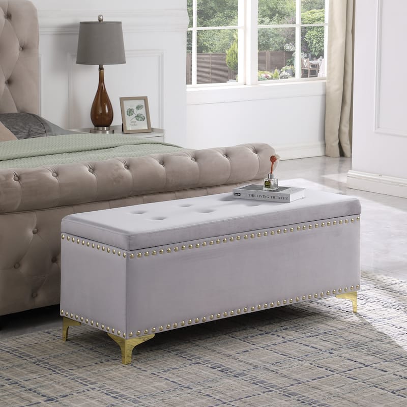 Large Storage Benches Set, Nailhead Trim 2 in 1 Combination Benches, Tufted Velvet Benches with Gold Leg, Support 250lbs
