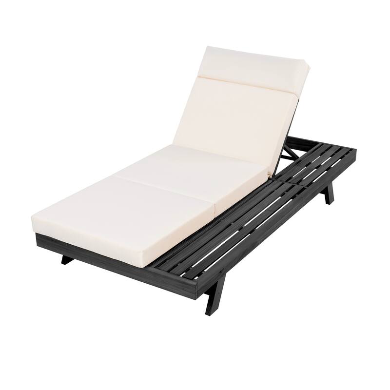 Outdoor Patio Acacia Wood Chaise Lounge Chair with Adjustable Backrest, Side Open Storage and Water-Repellent Cushions