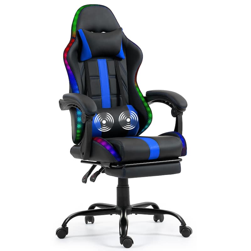 EROMMY RGB LED Gaming Chair with Thickened Massage Lumbar Pillow & Upgraded Footrest, Reclining Ergonomic Chair - Blue