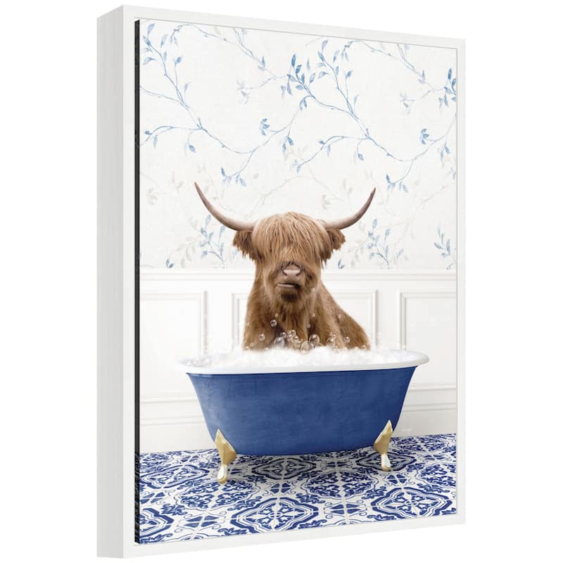 Kate and Laurel Sylvie Highland Cow in Eclectic Blue Bathtub Framed Canvas by Amy Peterson - White