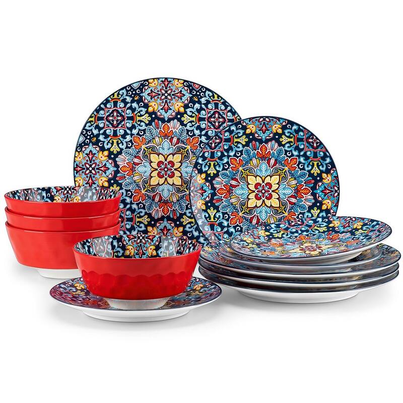 vancasso SIMI 12-Piece Hand Painted Porcelain Dinnerware Set Service for 4 - Red