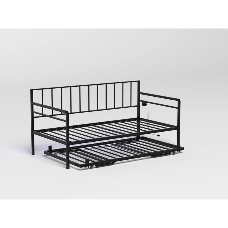 Twin Daybed with RGB LED Lights & Charging Station,Height Adjustable Day Bed Frame with Trundle,Versatile Metal Sofa Bed Frame