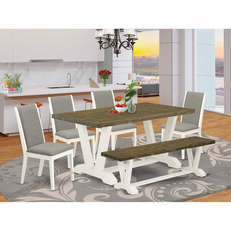 HomeStock 6-Piece Rectangle Distressed Jacobean Finish Solid Wood Top Dining Table with 1-Bench, 4-Chairs