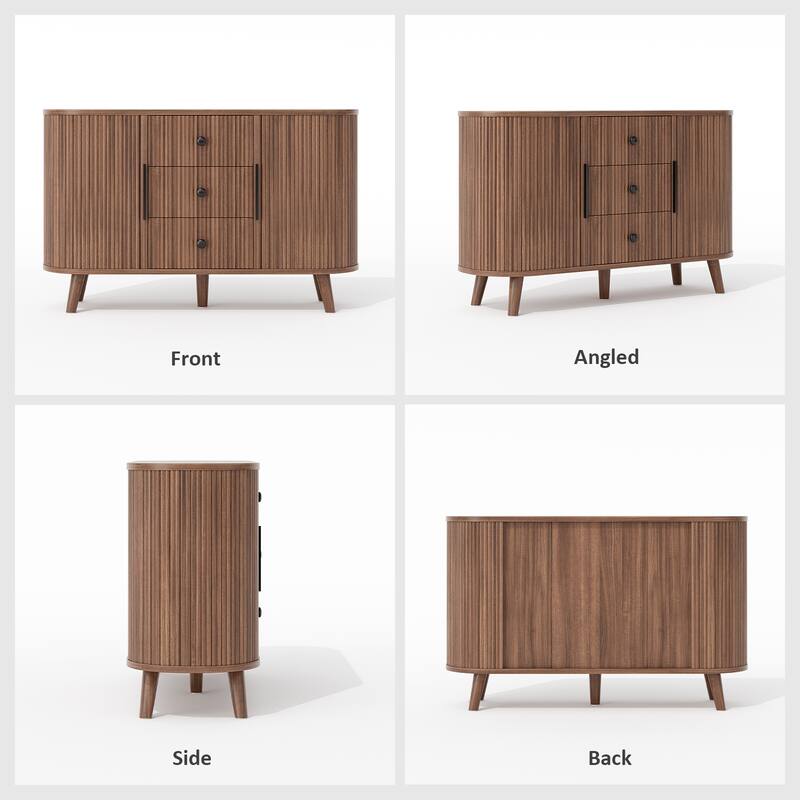 Fluted Sideboard Buffet Cabinet with Tambour Sliding Doors, Modern Coffee Bar Console with Storage & Adjustable Shelves
