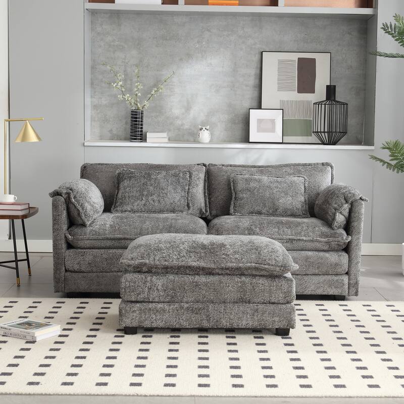 Chenille Double Sofa with Footstool, Removable Arms