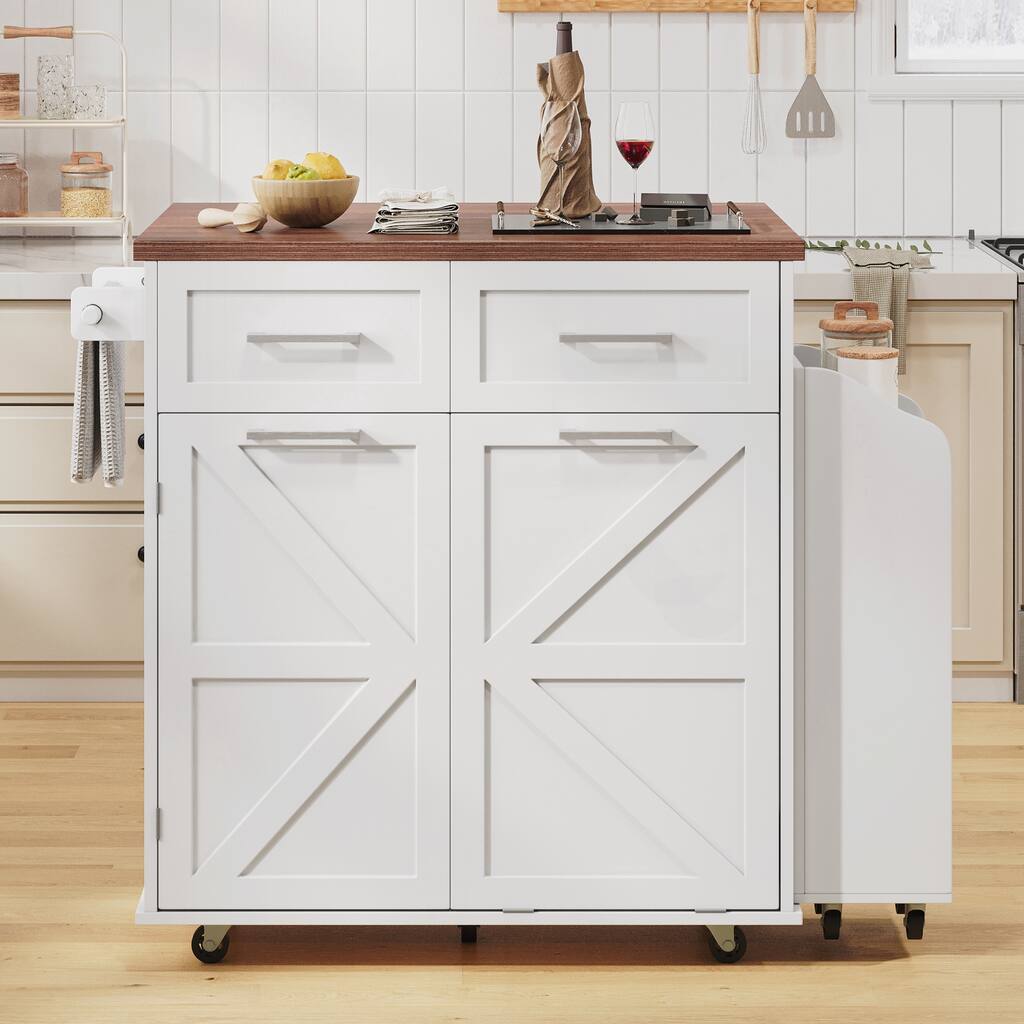 Kitchen Island with Drop Leaf, Kitchen Storage Island with Removable Side Racks, Two Drawers