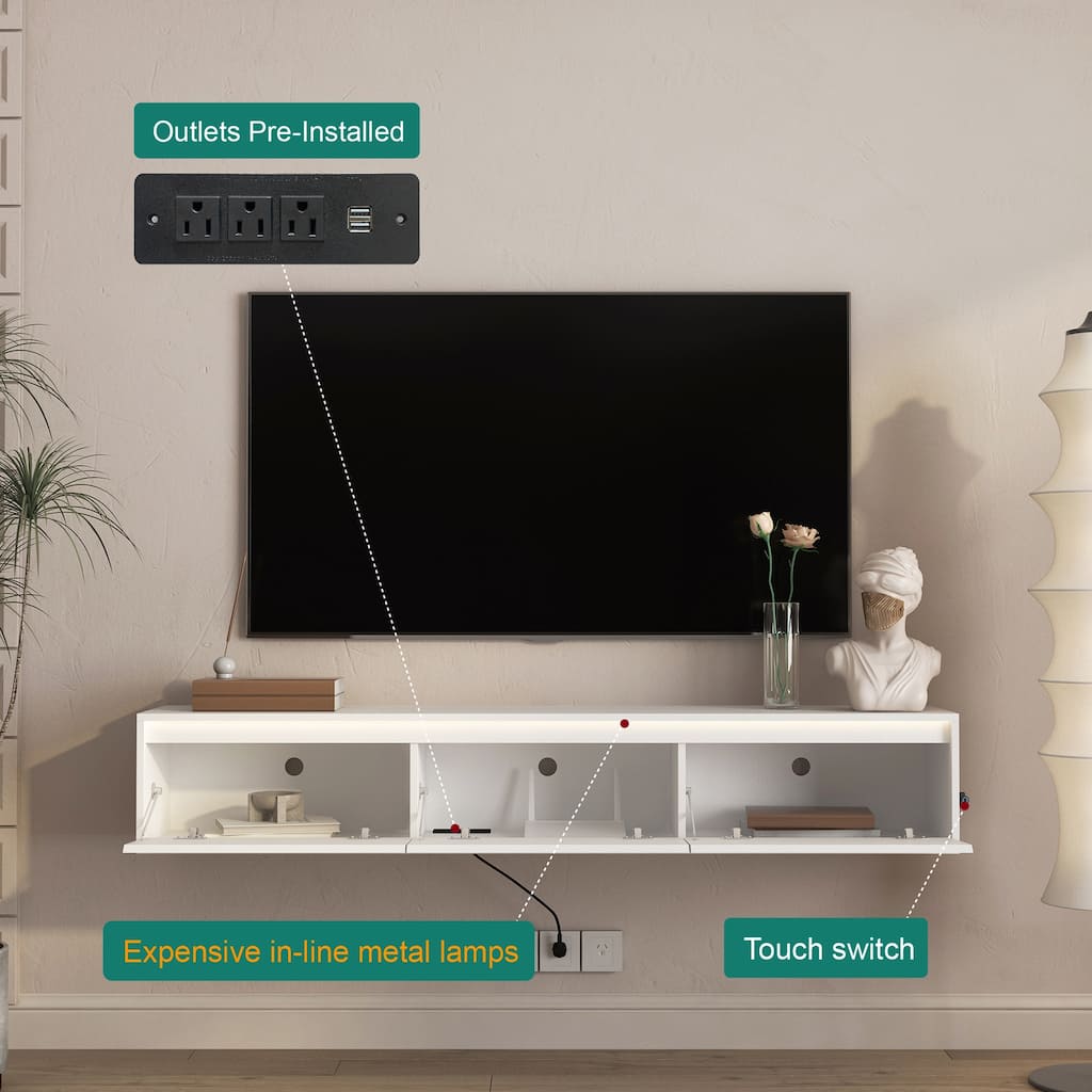 Floating TV Stand Cabinet with LED Lights, Wall Mounted TV Console with Power Outlet
