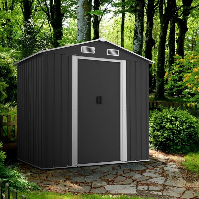 Large Outdoor Storage Shed Galvanized Iron Black with Slanted Roof and Double Sliding Doors - 77.36” x 51.57” x 73.82”