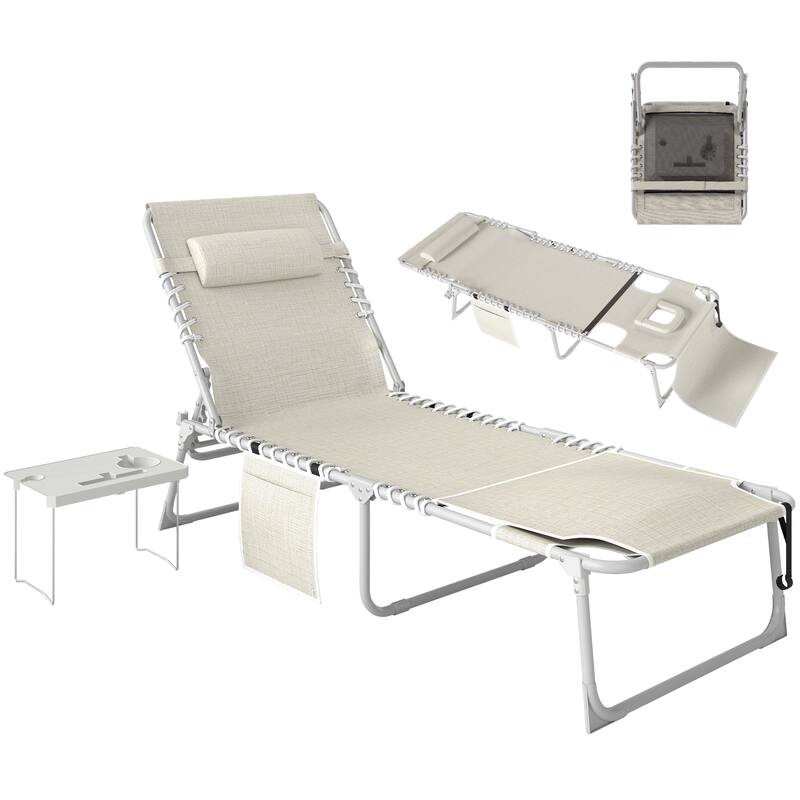 Outsunny Tanning Chair with Face Hole, Side Table, 5-Position Reclining Folding Chaise Lounge Chair