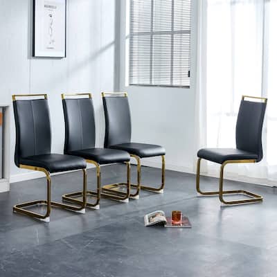 Modern Dining Chairs PU Faux Leather High Back Upholstered Side Chair with Golden C-shaped Tube Chrome Metal Legs
