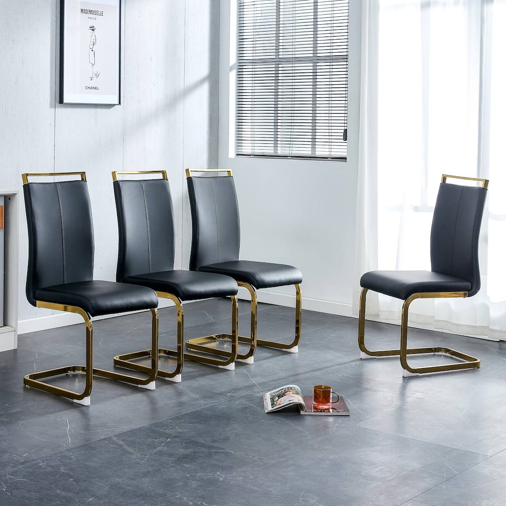 Modern Dining Chairs PU Faux Leather High Back Upholstered Side Chair with Golden C-shaped Tube Chrome Metal Legs