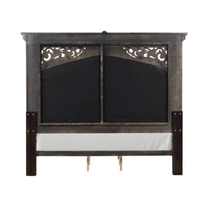 Naddy Queen Bed, White Fabric Pleated Upholstery, Espresso Brown Wood