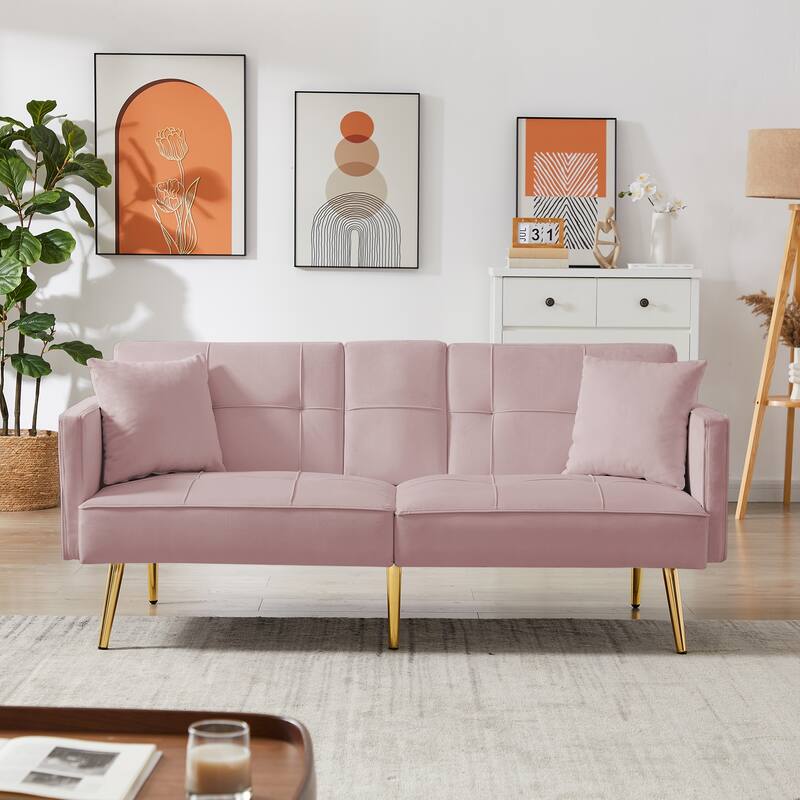 Velvet Futon Sofa Bed with Gold Metal Legs for Living Room, Entryway, Hallway, Office - Pink