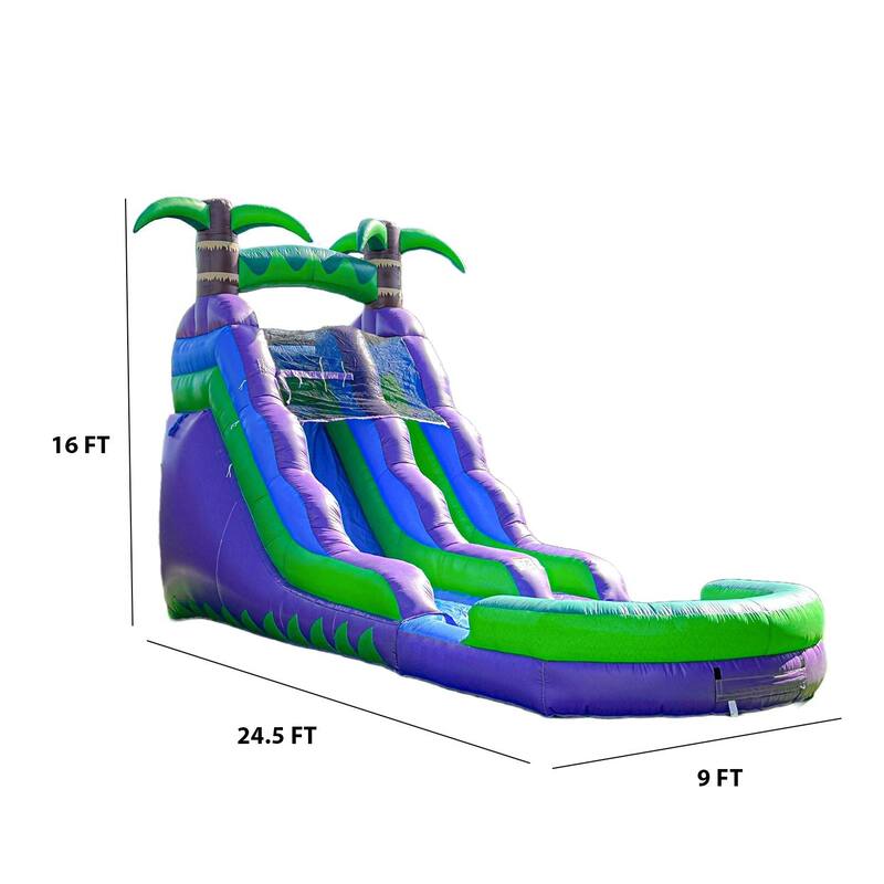 HeroKiddo 16' Purple Tropical Inflatable Kids Water Slide with Attached Pool (No Blower Included), Commercial Grade, Wet Dry Use