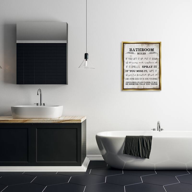 Stupell Bathroom Rules Funny Word Wood Textured Design Floater Frame - Beige
