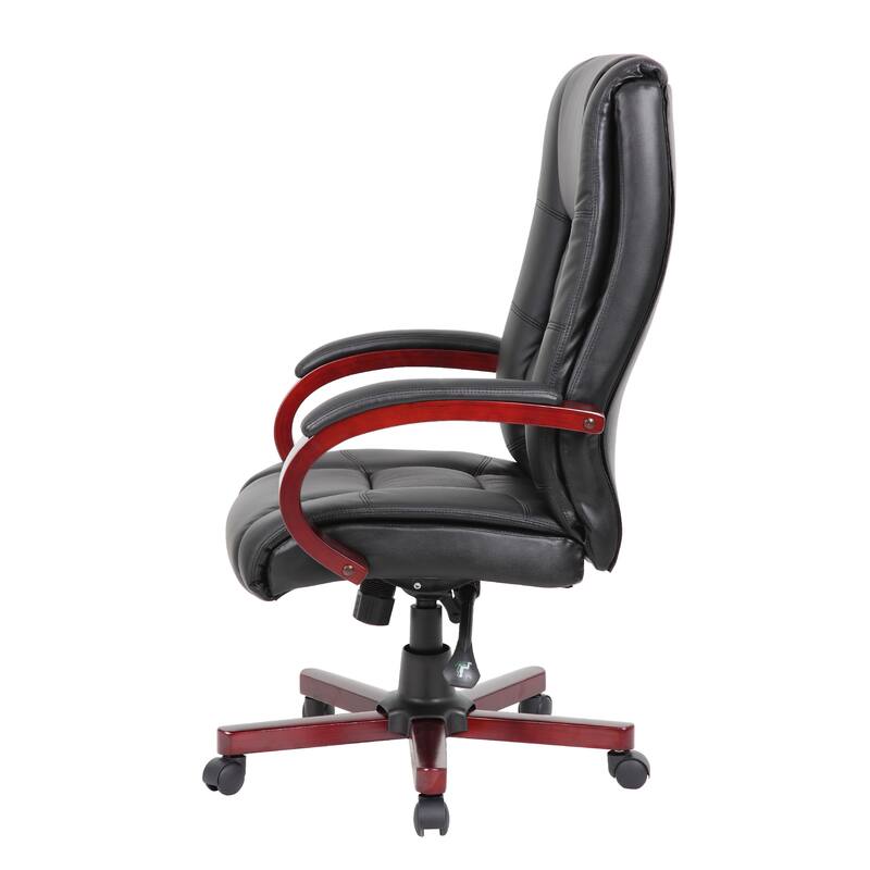 Zoey High-Back Executive Chair, Black Vinyl, Mahogany Wood Finish