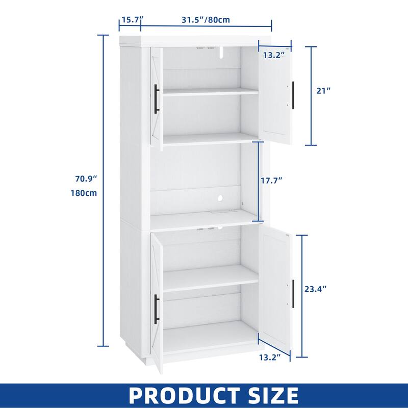 Moasis Farmhouse 71" Tall Kitchen Pantry Cabinet with Lights & Charging Station