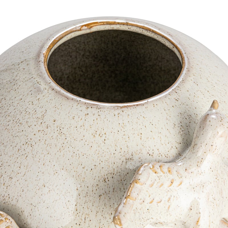 Stoneware Vase with Birds and Reactive Glaze